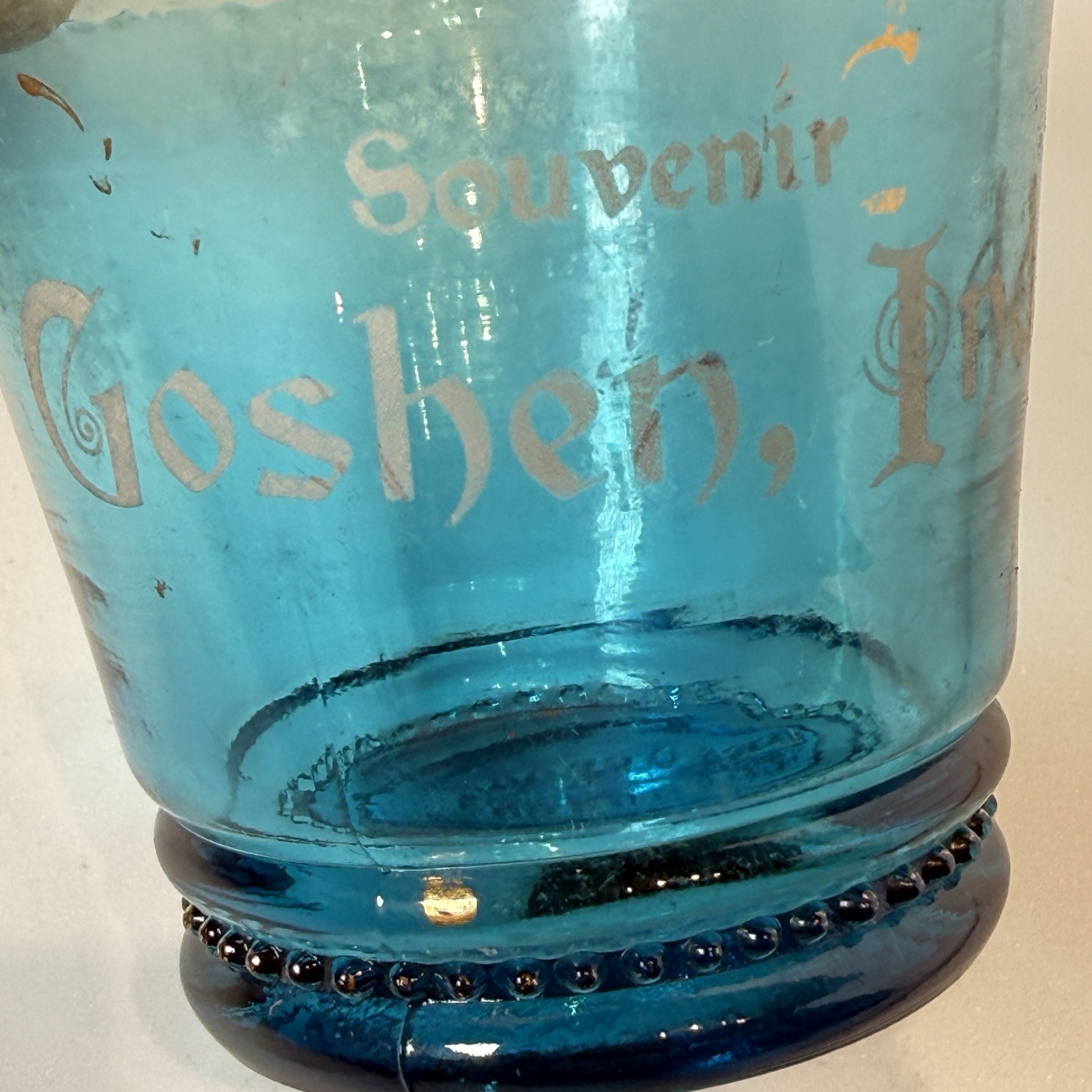 GOSHEN , INDIANA IN Green Depression Souvenir BLUE Gilded RARE Gold Antique Cup