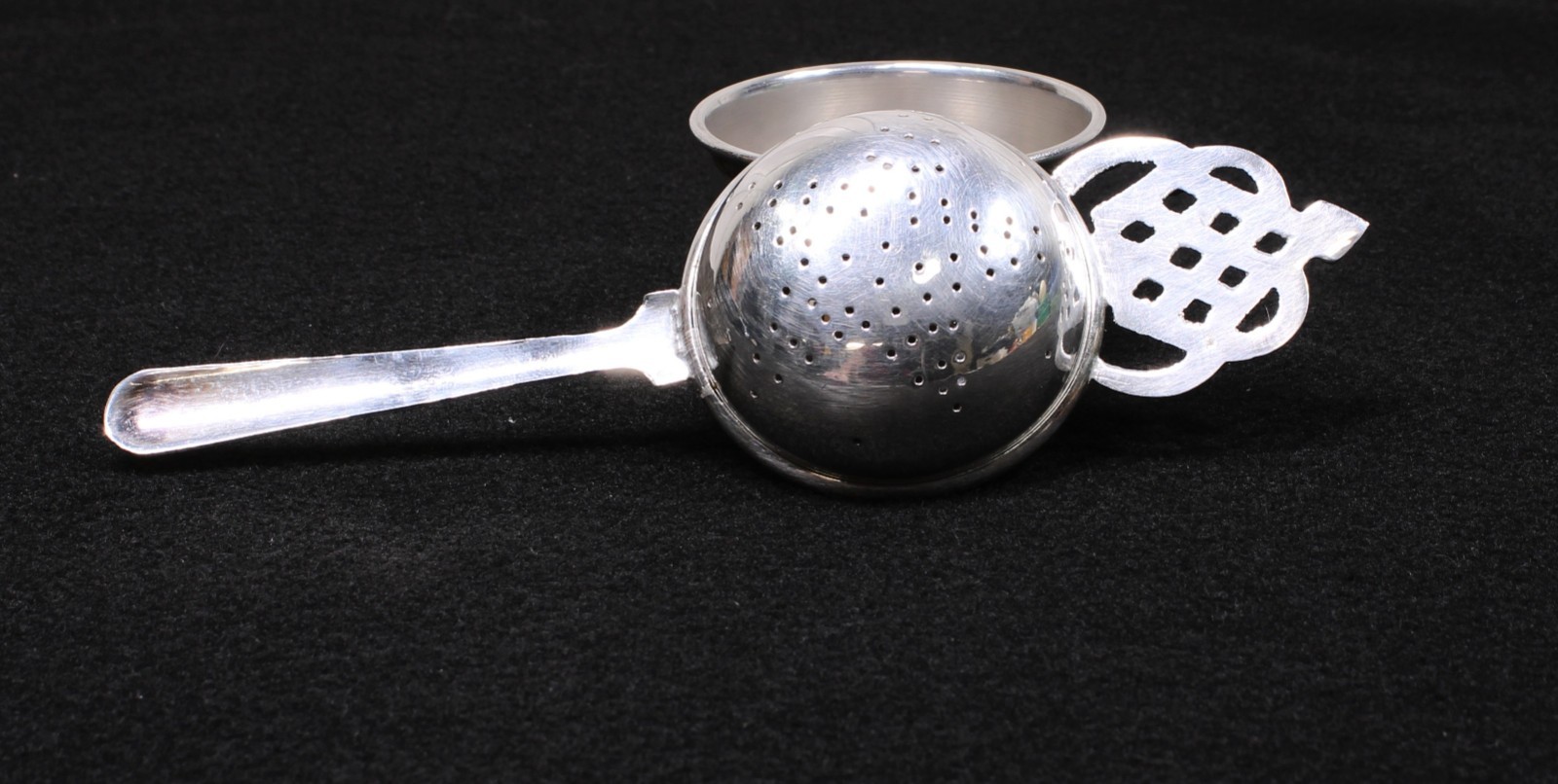 Vintage Silver Plated Tea Strainer With Drip Cup Ornate Crown Lattice Design