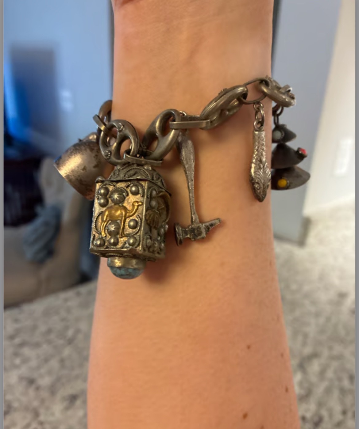 Etruscan Charms Bracelet 800 Sterling Silver Antique Italian Revival 8.5″ 6 fobs