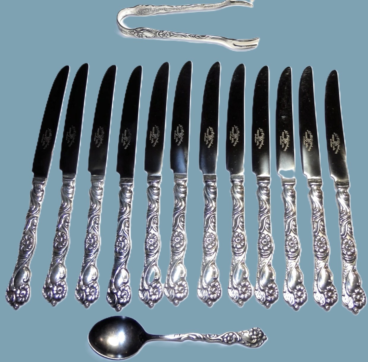Vtg MCM NILS JOHAN Sweden NIJ4 Alpaca Silver *12 Fruit Knives~Sugar Tongs~Spoon*