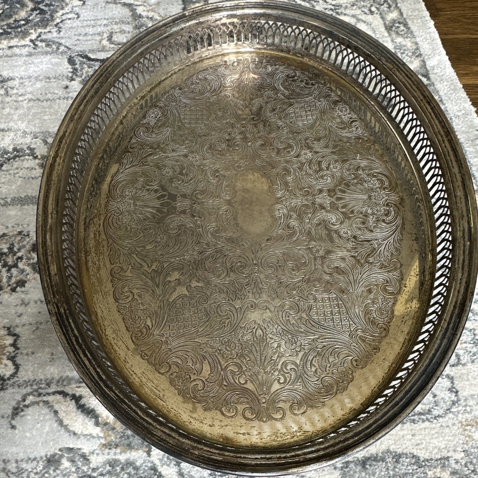 Antique 1900-1940 Silverplate Round Gallery Tray Floral Scroll Victorian