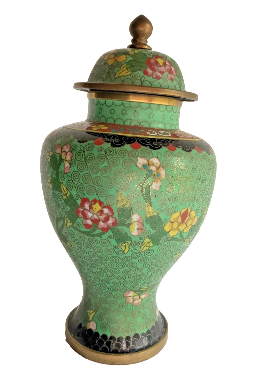 A 19th/20th Chinese enamel Cloisonne general Urn 8” Green Floral Swirl Pattern
