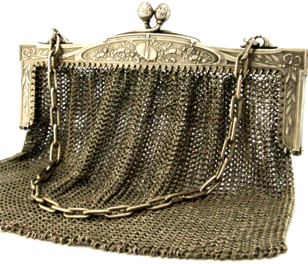 HEAVY 158g RARE FRENCH SOLID SILVER EVENING BAG c1900 ANTIQUE