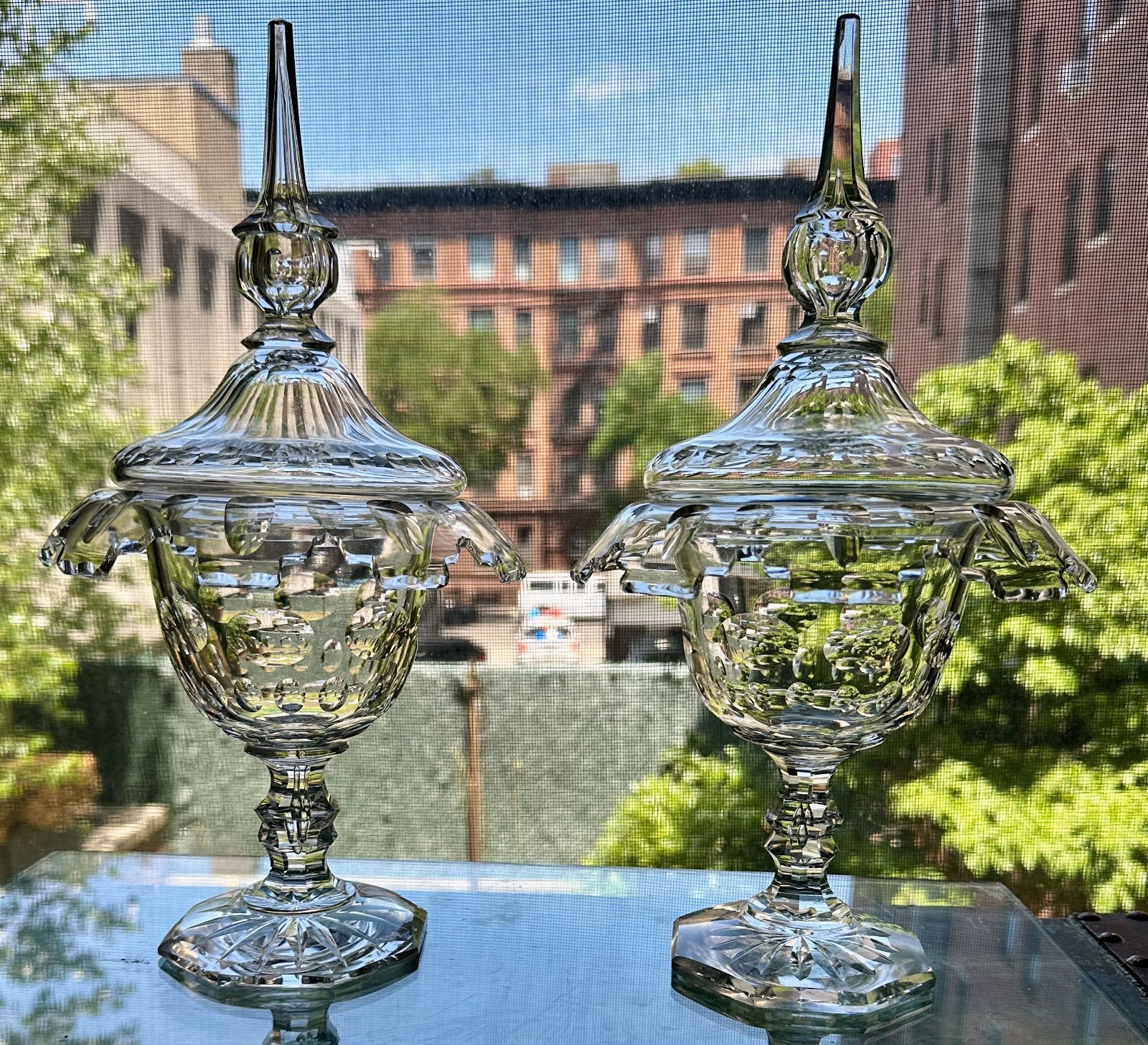 PAIR American Brilliant Period ABP Cut Glass LG Covered Compotes – PAIRPOINT!