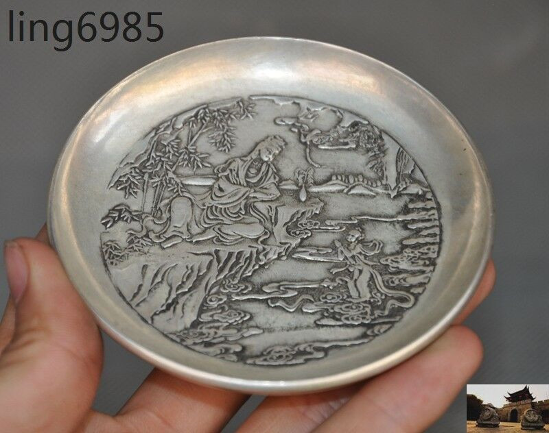 antique China dynasty Tibetan silver Kwan-yin Guan Yin Boy statue plate Dish