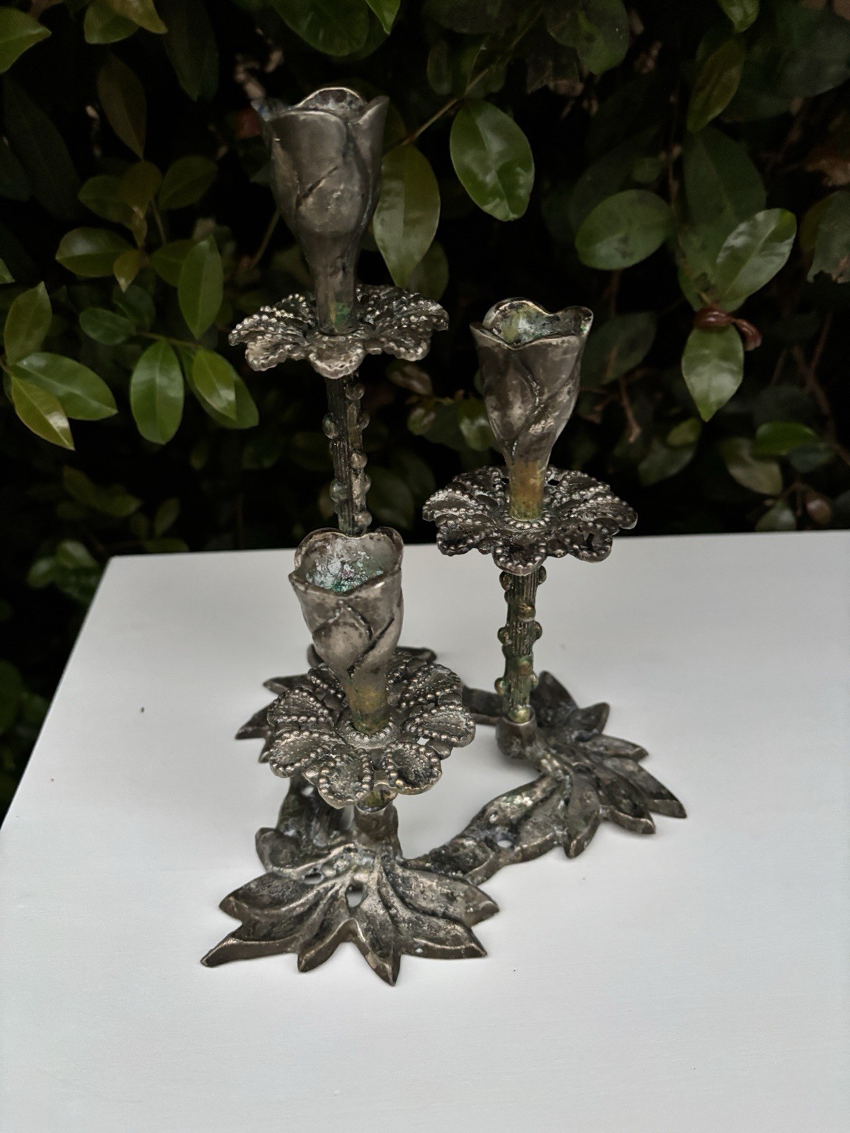 Vintage Art Nouveau Style Silver Plate Candle Stick 3 Arm Floral Candelabra