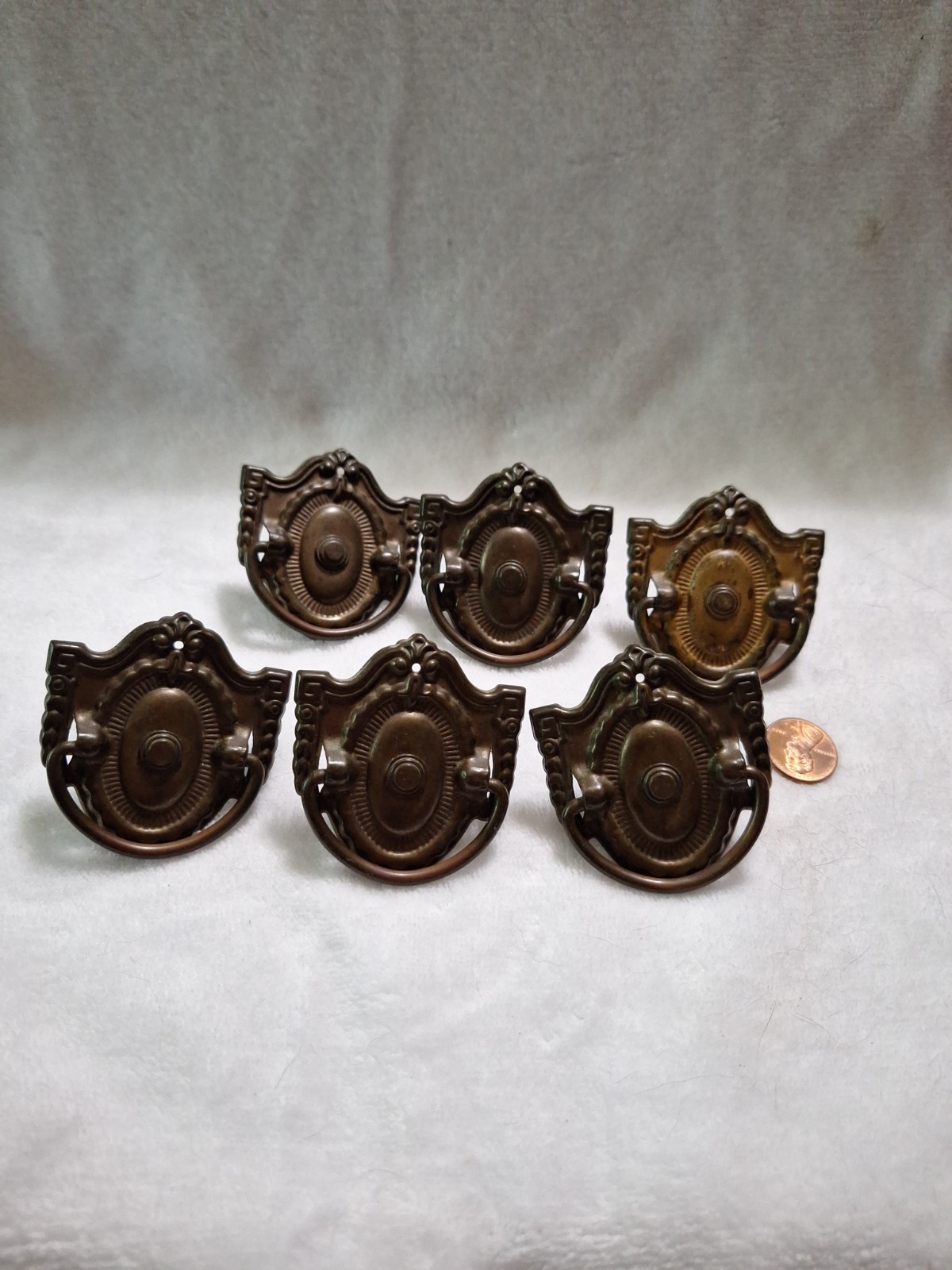 Lot of 6 Vintage Antique Brass Finish Shield Drawer Pulls Bail Ring Handles