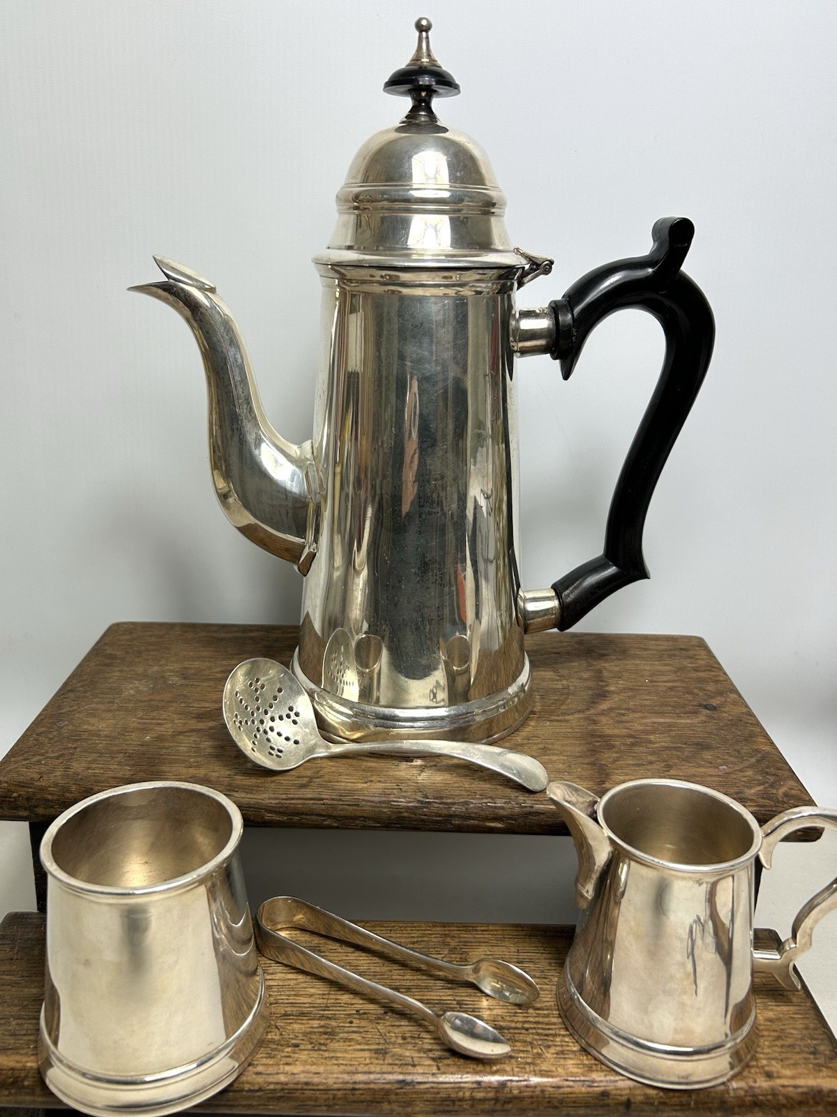 Antique Silver Plated Coffee Set / Cafe Au Lait Pot, Sugar Bowl, Milk Jug, Tongs