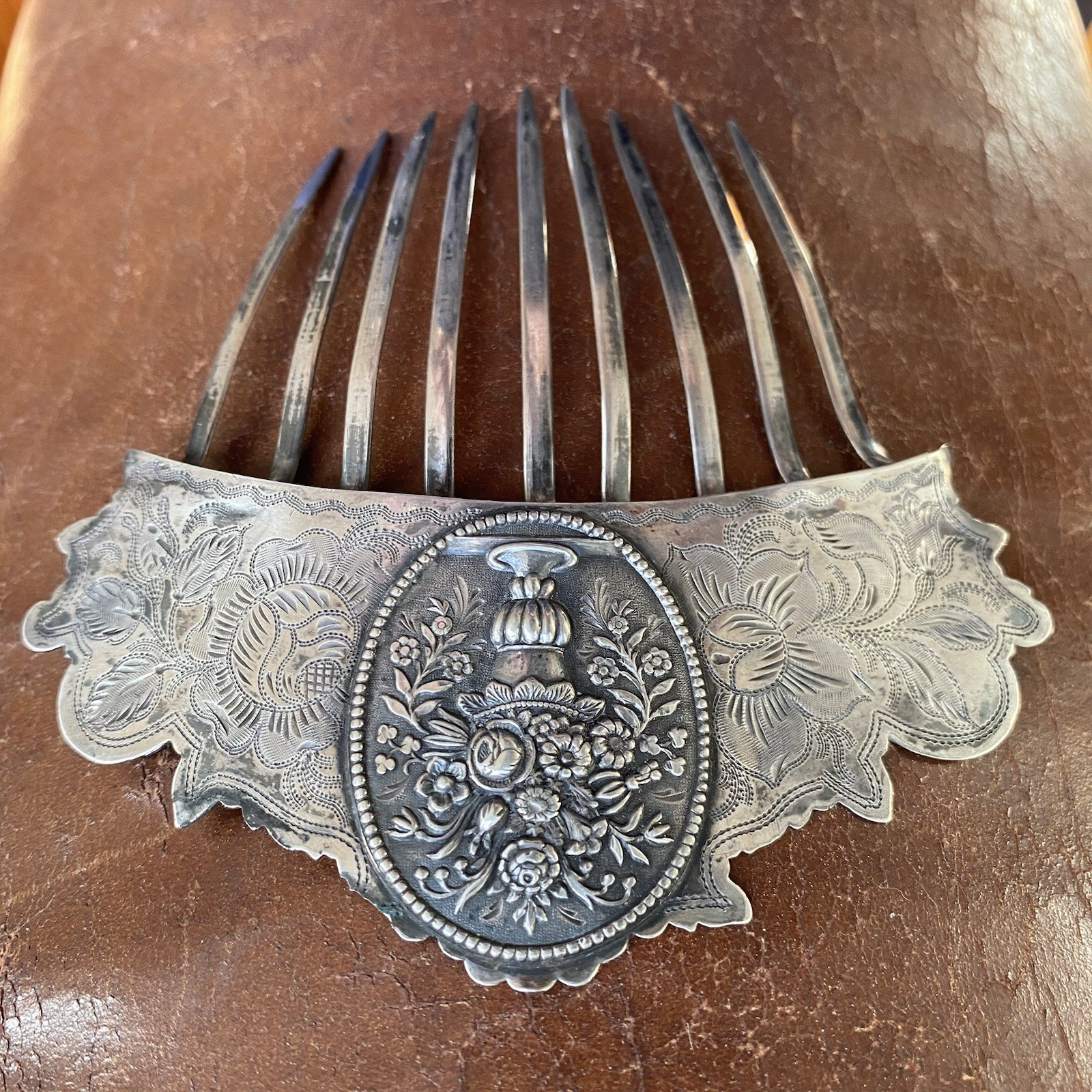 American Early Coin Silver Hair Comb Antique .900 Basket of Flowers Not Sterling