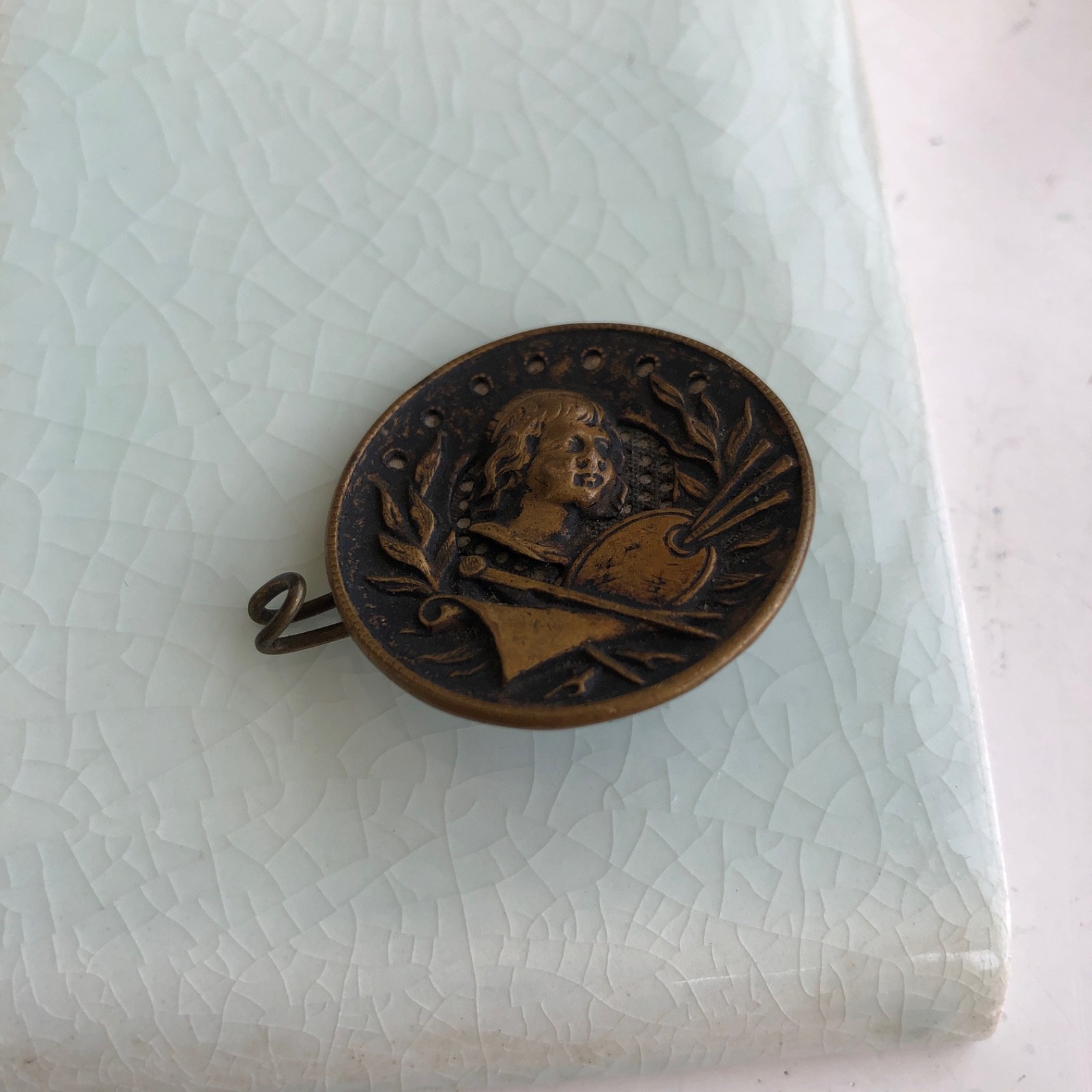 Antique Metal Portrait Shank Button , Artist/Painter Design – Modified Clasp