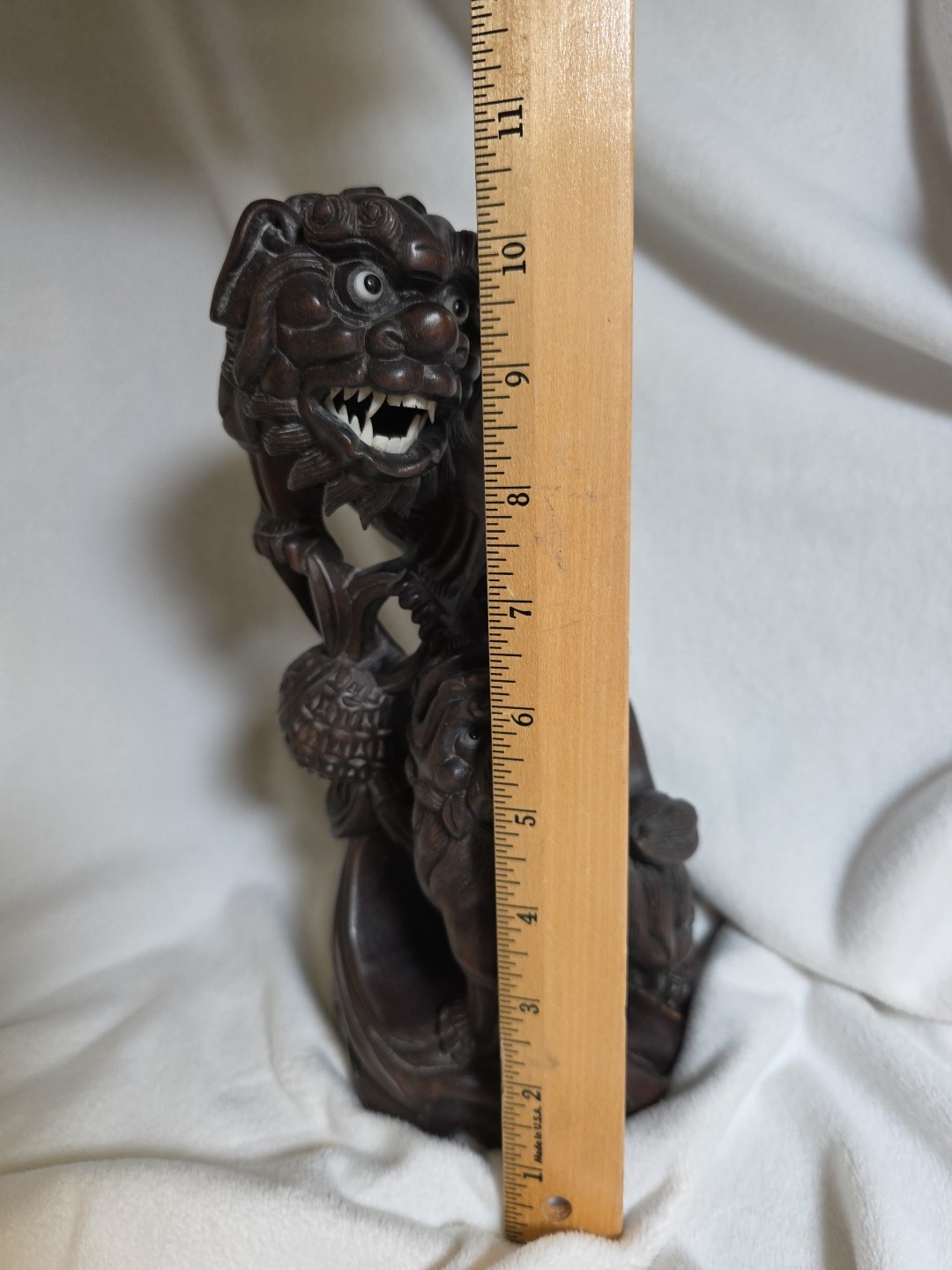 VINTAGE CHINESE FOO DOGS Wood LION HAND CARVED Sculpture White Teeth Eyes