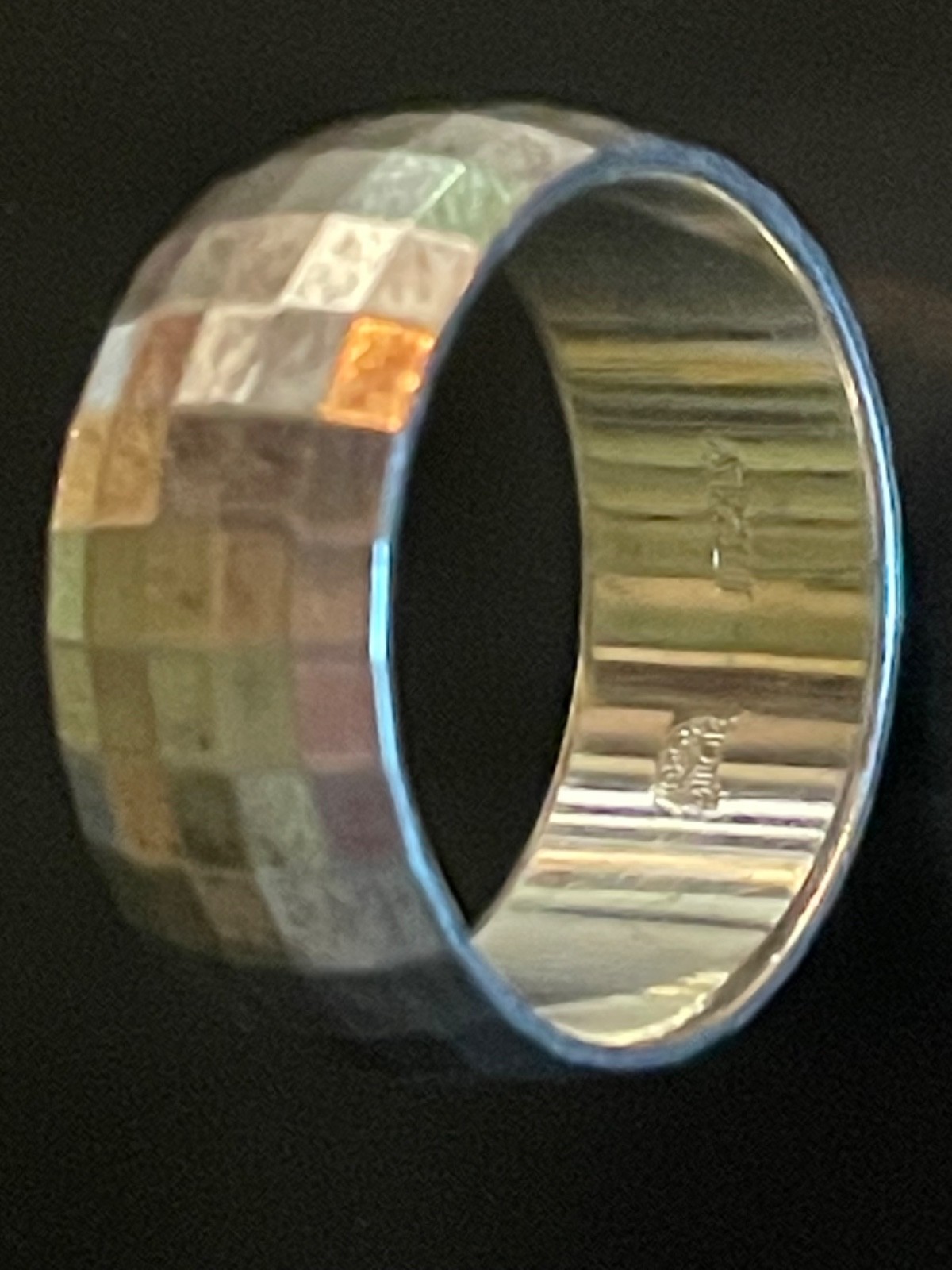 VTG Italy 925 Sterling Silver Disco Ball Faceted Checkerboard Wide Band Ring