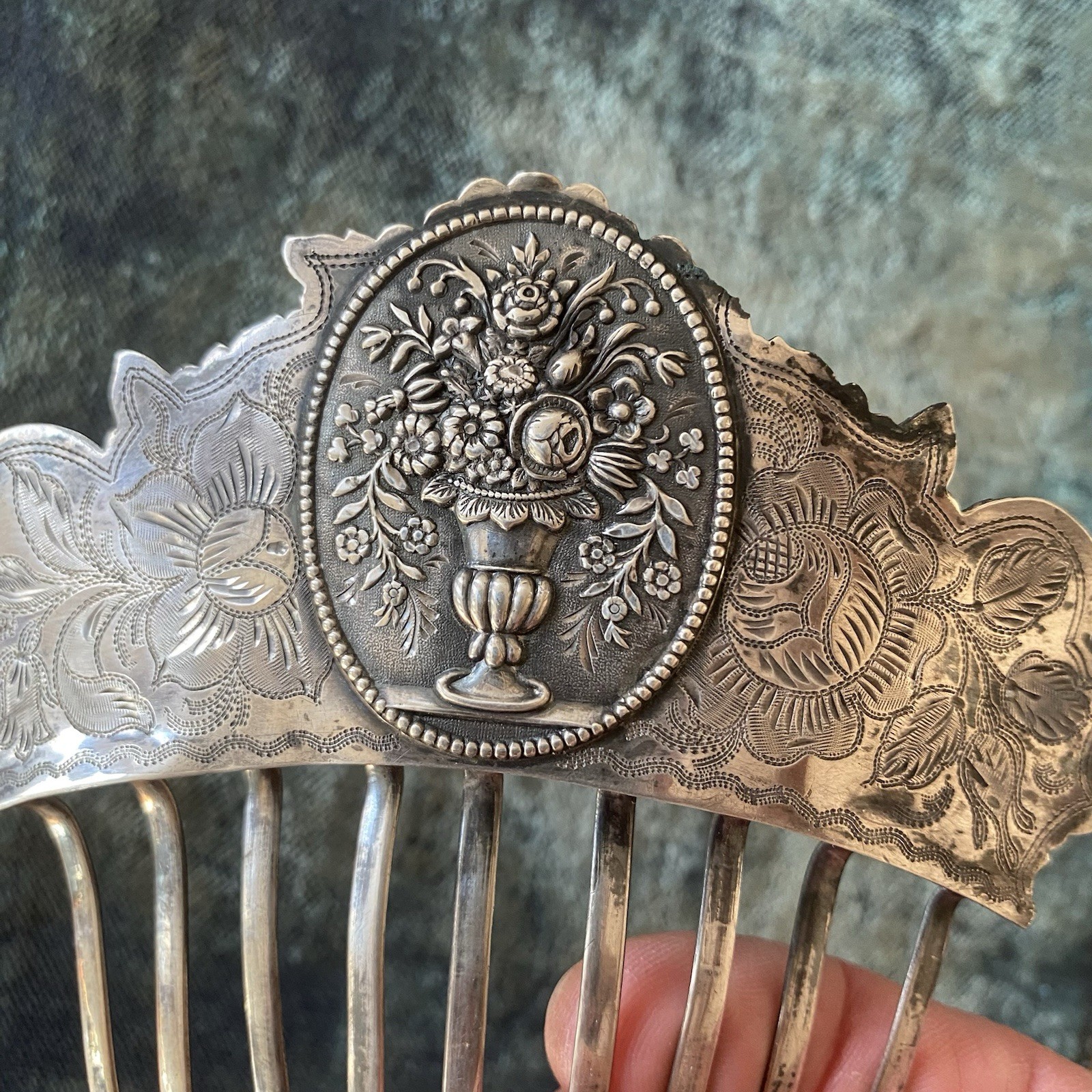 American Early Coin Silver Hair Comb Antique .900 Basket of Flowers Not Sterling