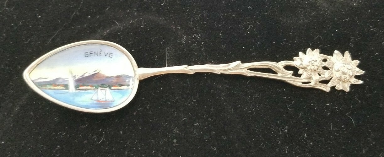 Antique 800 Silver & Enamel Figural Geneve / Geneva Switzerland Souvenir Spoon