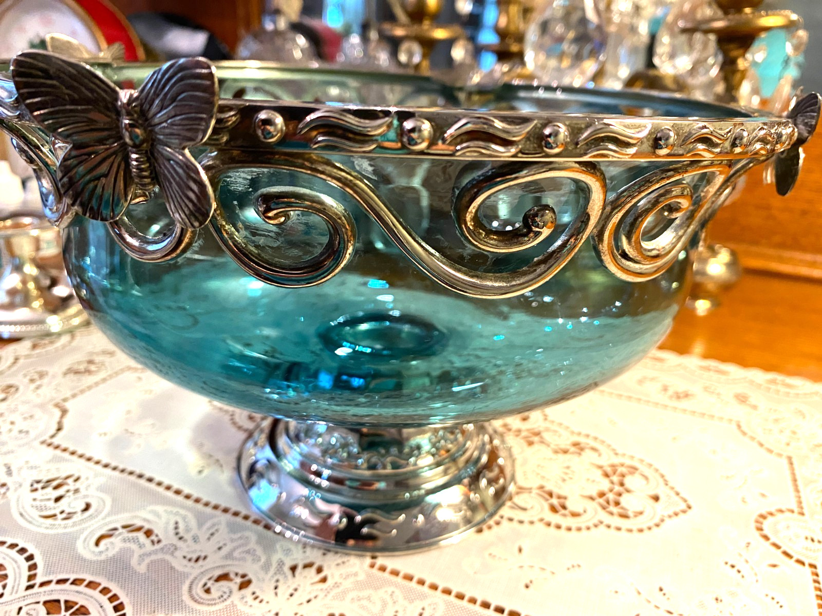 STUNNING BLUE GLASS CONSOLE BOWL STERLING SILVER MOUNT WMF CANDLESTICK HOLDERS