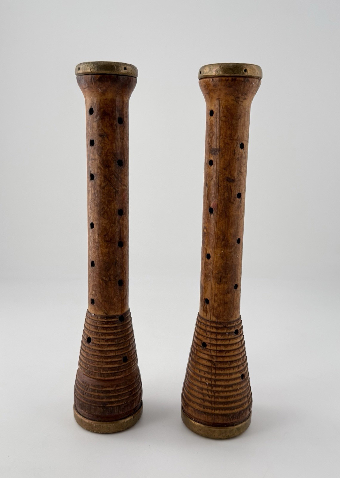 Antique Industrial Textile Mill Bobbins Wood Brass Pair 12″ Primitive Decor