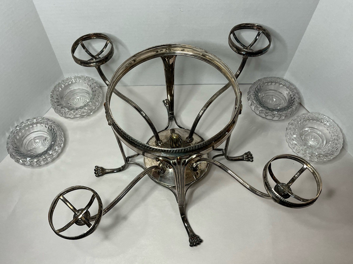 Antique Silver Plate Footed Epergne w 1 Lg 4 Sm Leaded Cut Glass Bowls