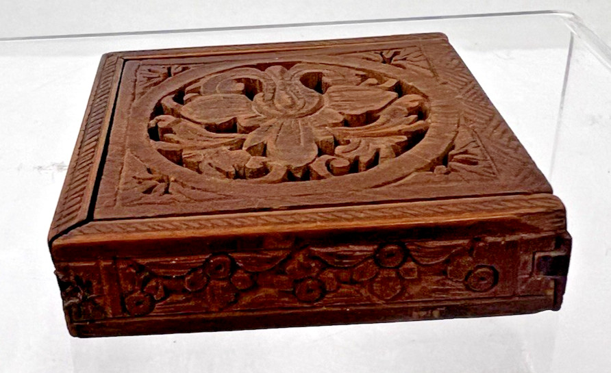 Antique Wood Puzzle in Box Open Fretwork Floral Victorian Design Miniature