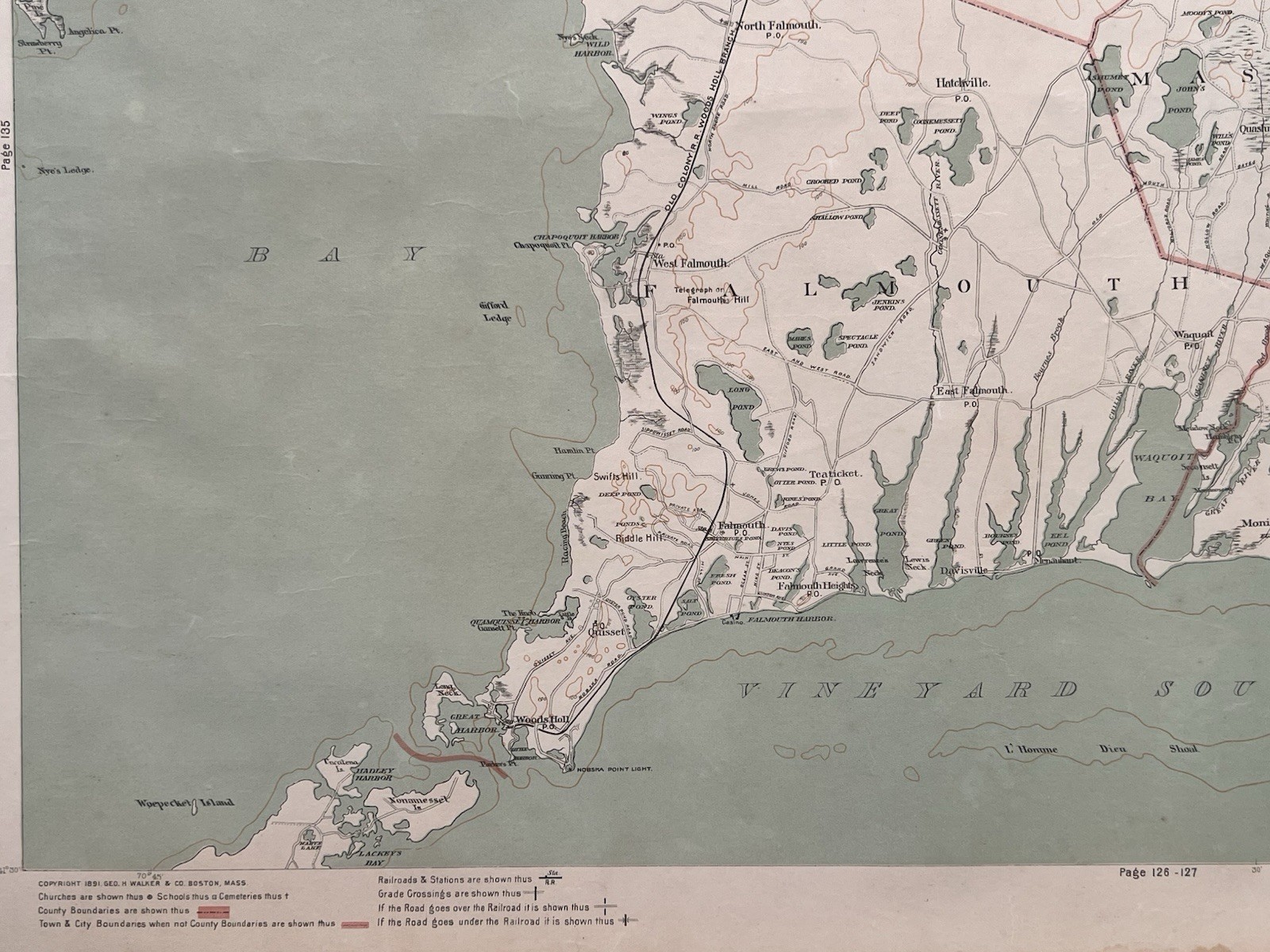 1891 Original Cape Cod Map,Falmouth,Mashpee,Sandwich,Barnstable,Mass,MA,Bay,Old