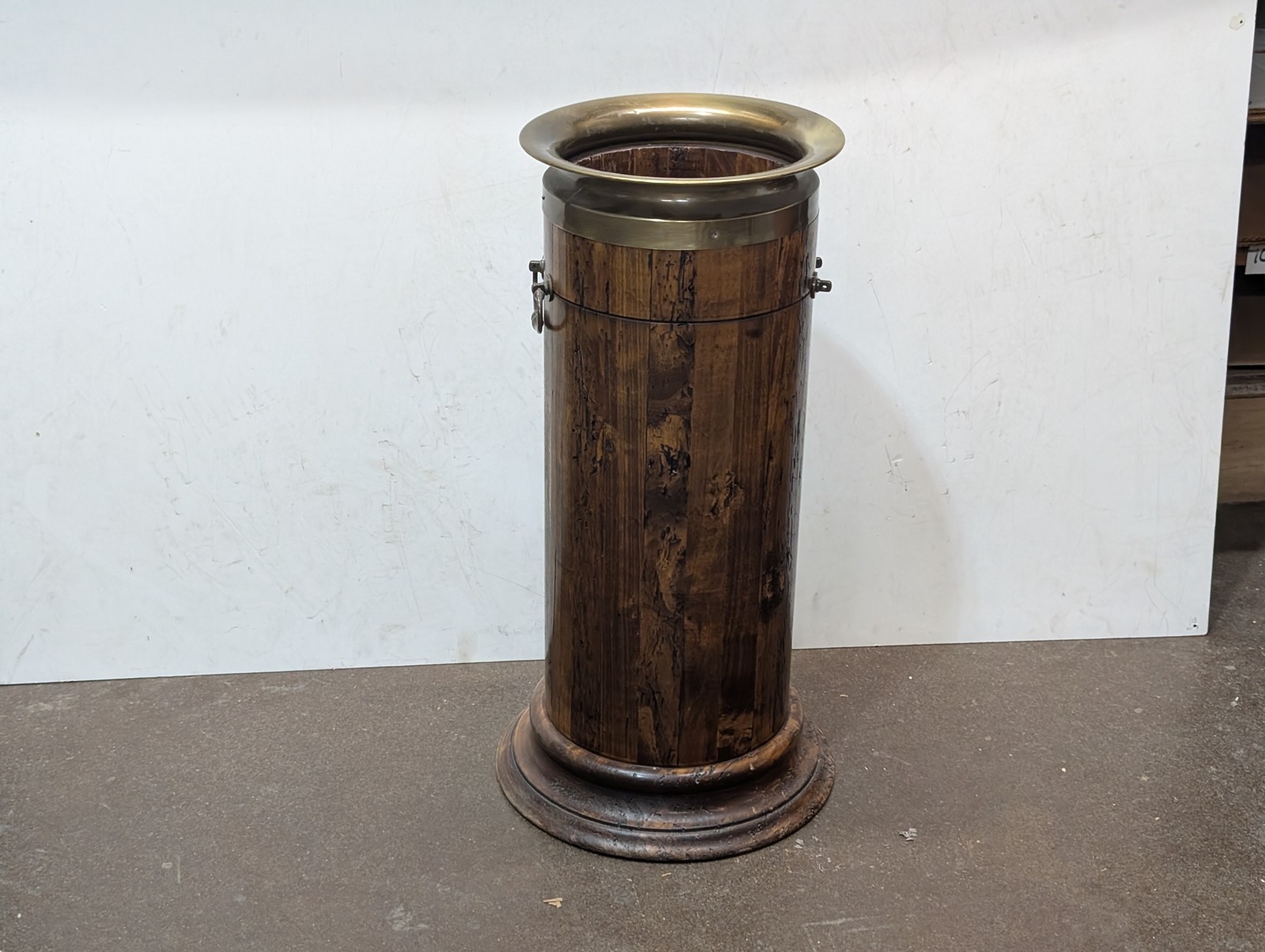 Italian Rustic Wood Brass Umbrella Stand Floor Vase Pedestal Made in Italy
