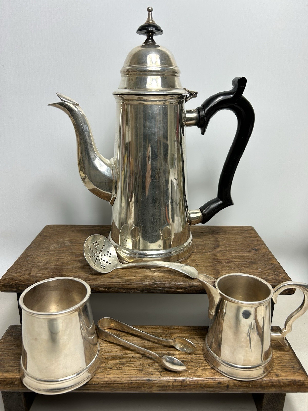 Antique Silver Plated Coffee Set / Cafe Au Lait Pot, Sugar Bowl, Milk Jug, Tongs