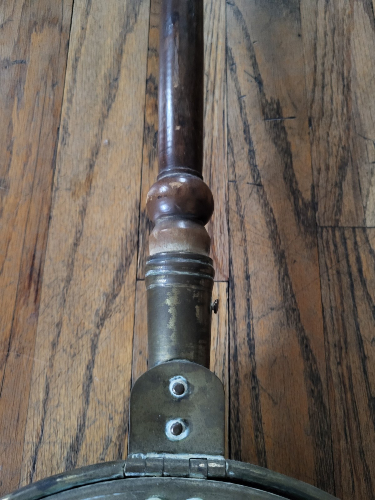 Early Antique Brass Bed Warmer Primitive Metal Work 1800’s 19thC. Wooden Handle