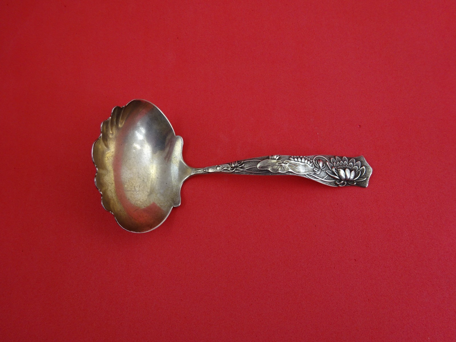 Flora by Shiebler Sterling Silver Sauce Ladle w/ water lily 5 1/4″