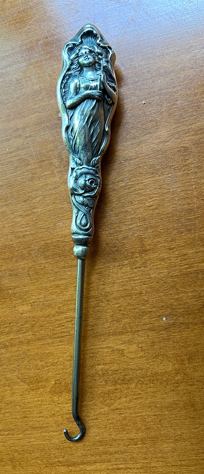 7 1/2″ Ornate Art Nouveau Button Hook; Steel Shank; Probably Silver Plate