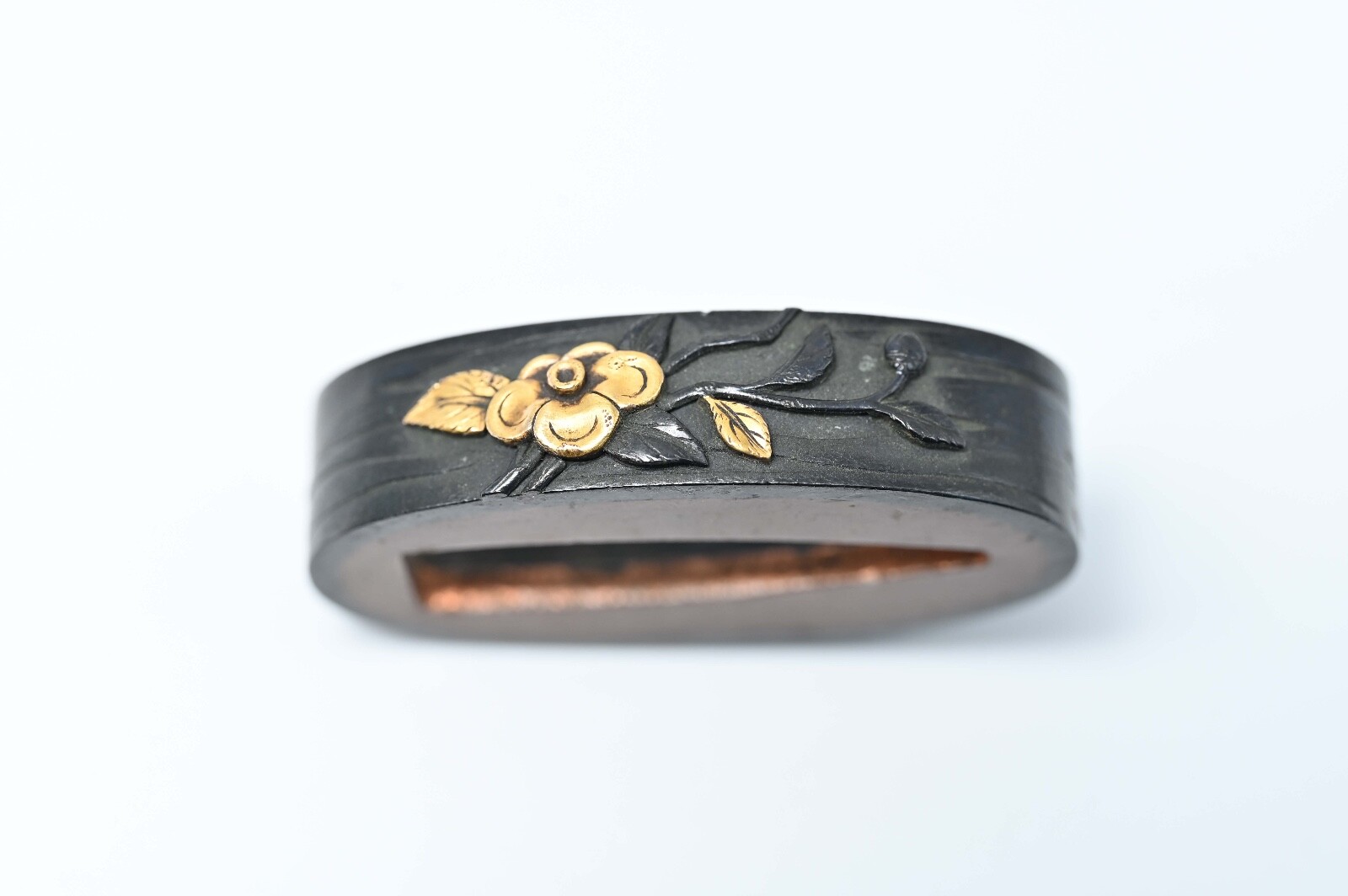 Fuchi Kashira Japanese antique Mumei balloon flower design shakudo Edo era