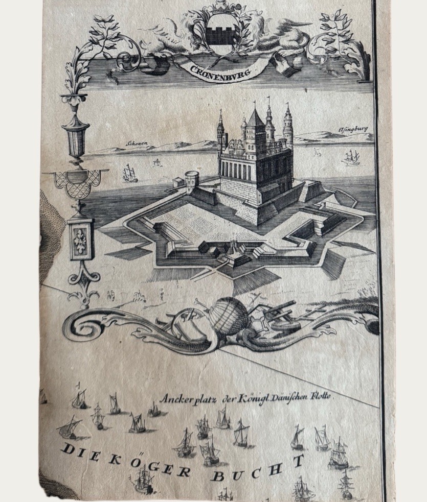 18thC Denmark Map 1706 Kronborg Castle Hamlet Elsinore Homann Copper Engraving