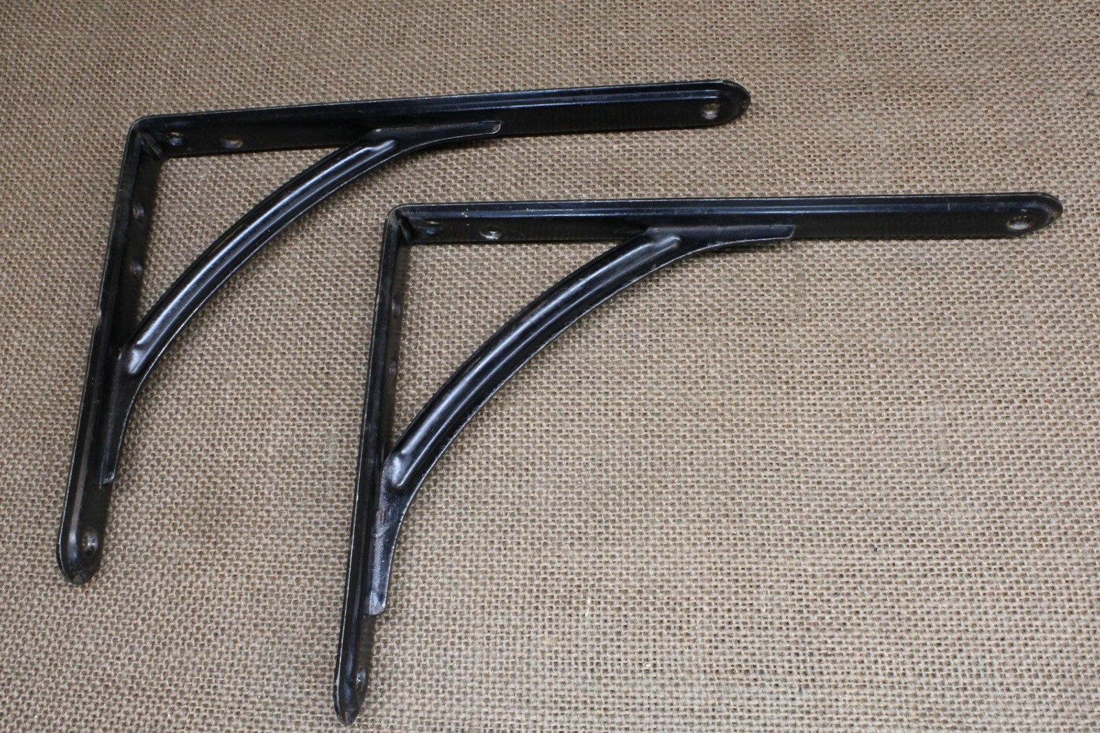 2 Old Shelf Support Brackets 6 1/8 X 8 1/8” Rustic Steel Vintage Black Paint