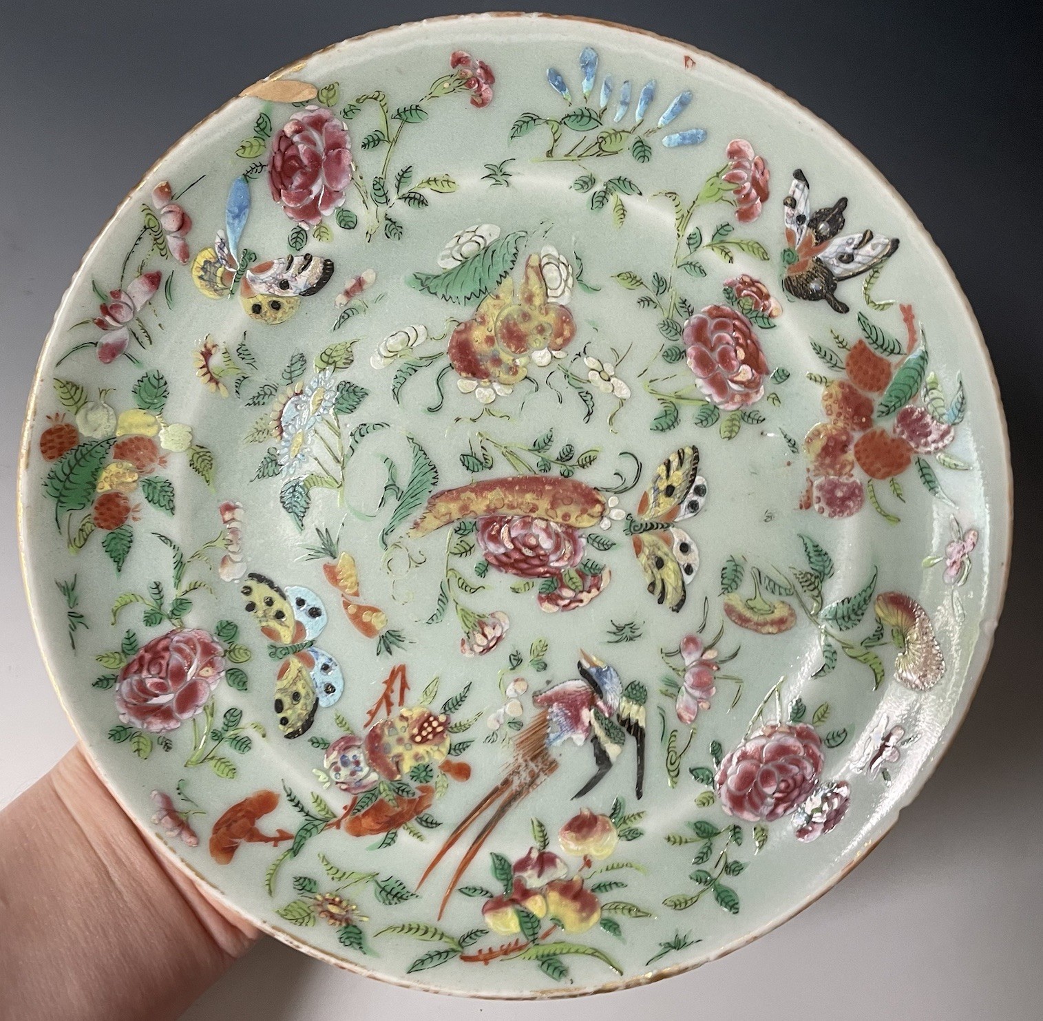 Antique Qing Dynasty Chinese Celadon Porcelain Famille Rose Hand Painted Plate