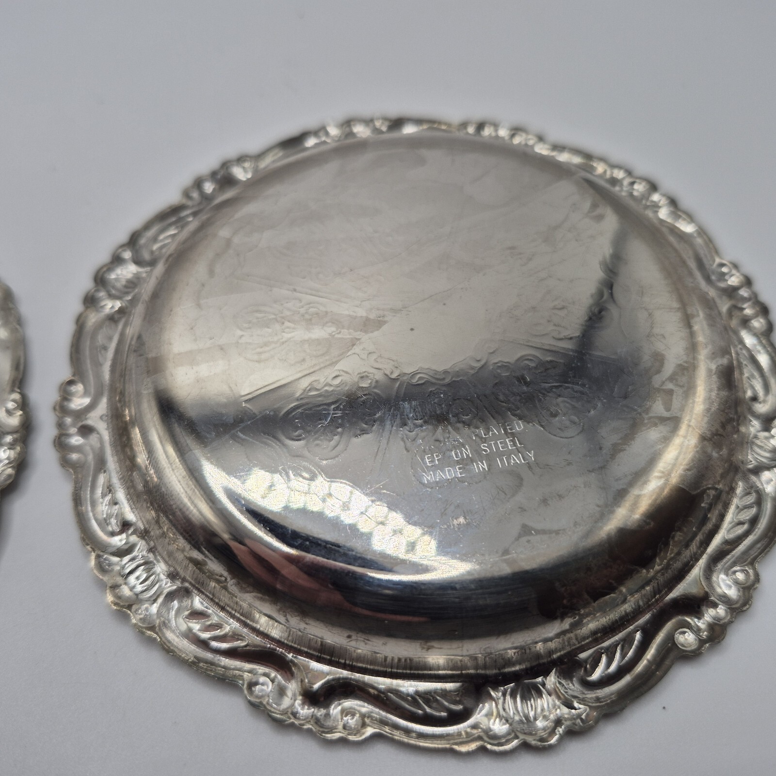 Vintage Silverplate, Made In Italy. EP on Steel Coasters/Small Dish Set Of 2
