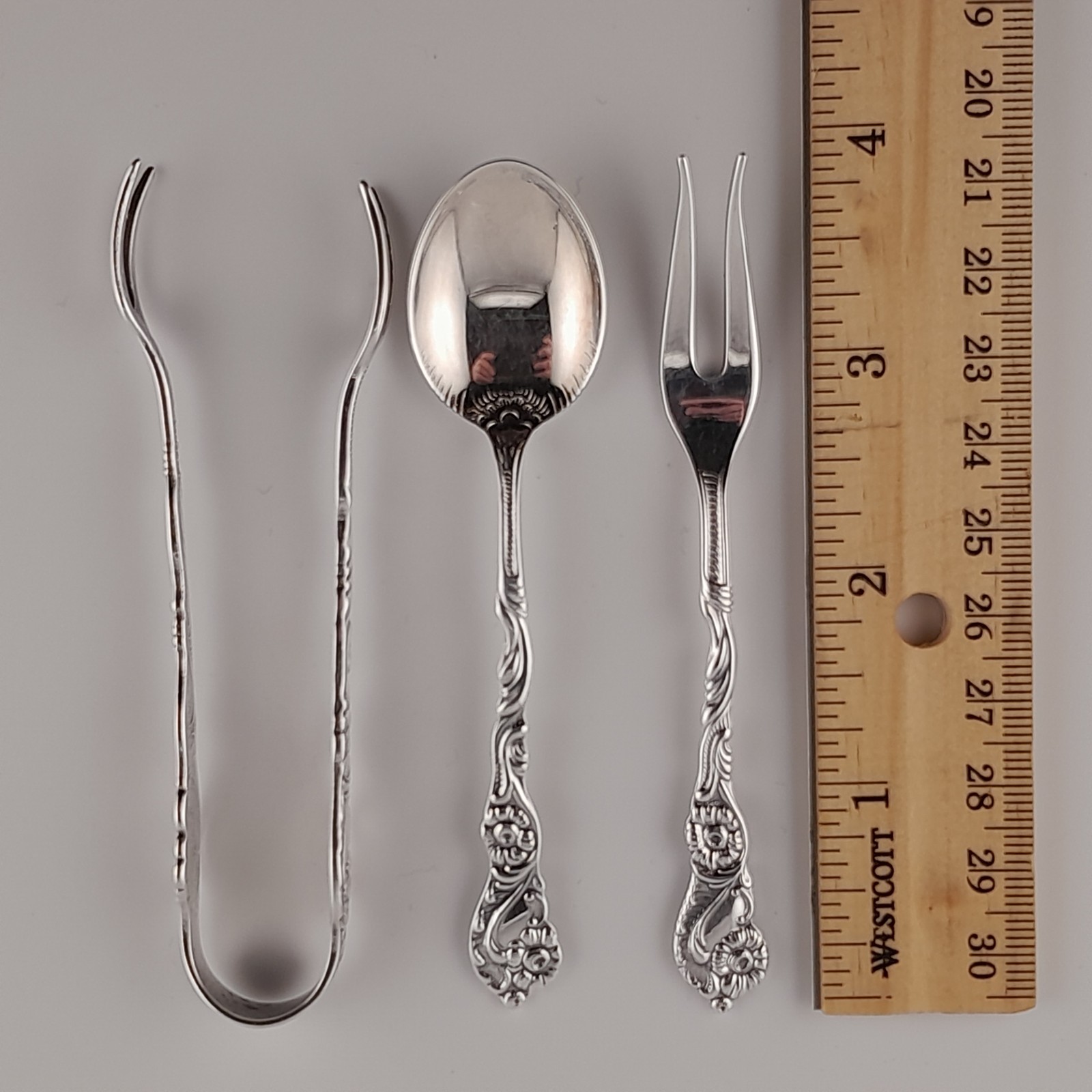 Nils Johan Sweden NIJ4 Silverplate 3pc Set Demitasse Spoon Lemon Fork Sugar Tong