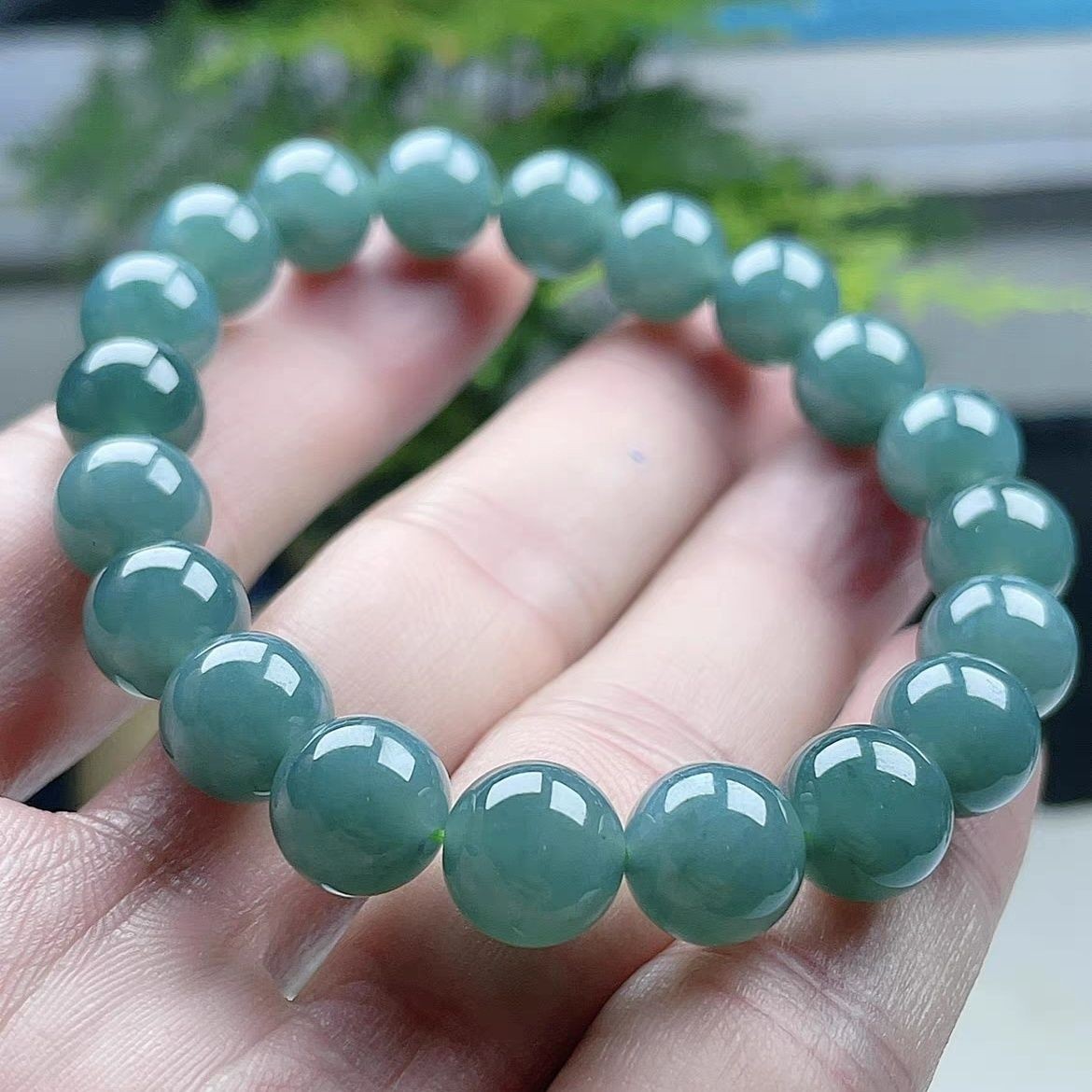 -Ice Blue Green Jade Bracelet 12mm Round Bead Unisex Handcrafted Bead Bracelet–