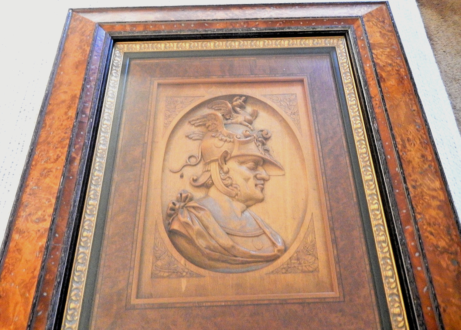 Wood Carved Profile GENERAL – Burl Framed – Antique – 24″ X 21″ – Glass Cover