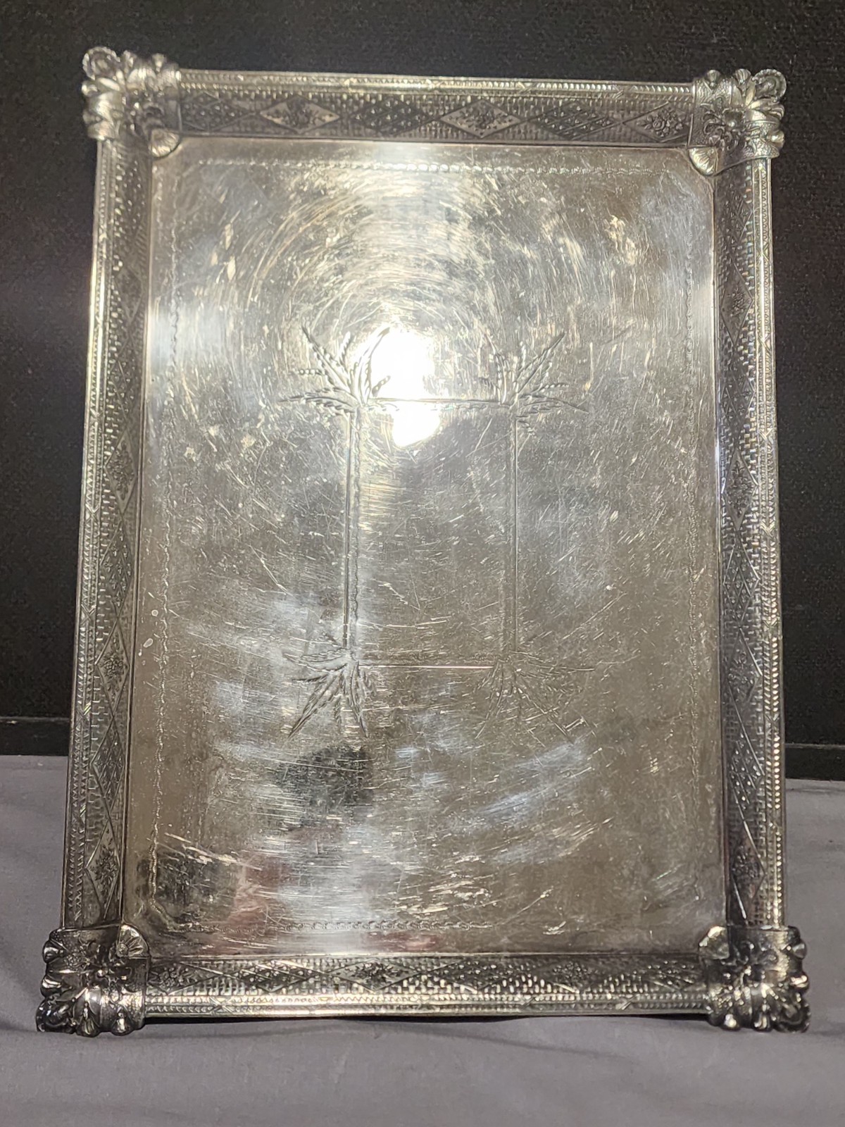 WEBSTER & BROS Antique Aesthetic Movement Quadruple Silver Plate Tray 16.5″ 12″