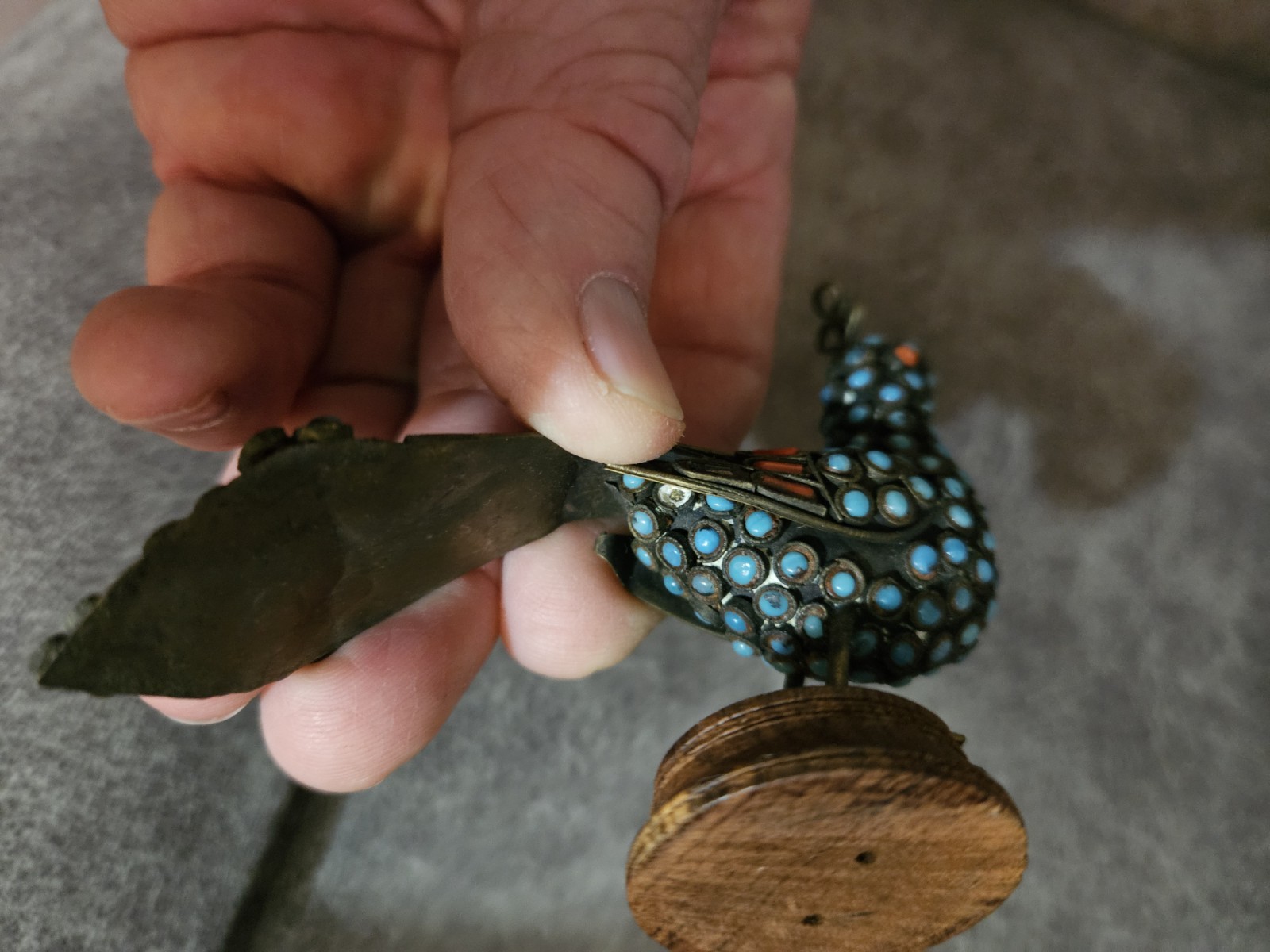 Antique Cloisonne Turquoise & Coral Stone Mosaic Peacock Asian Oriental