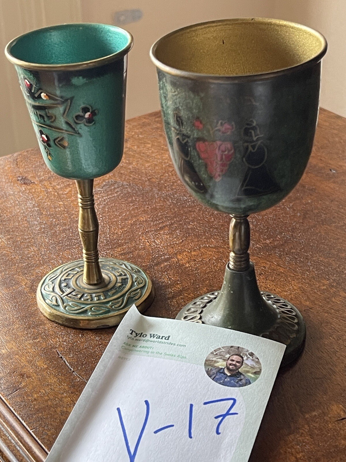 Two Israel Hakuli Hand Painted Goblet Sabra Bright Blue Green 5” Tall