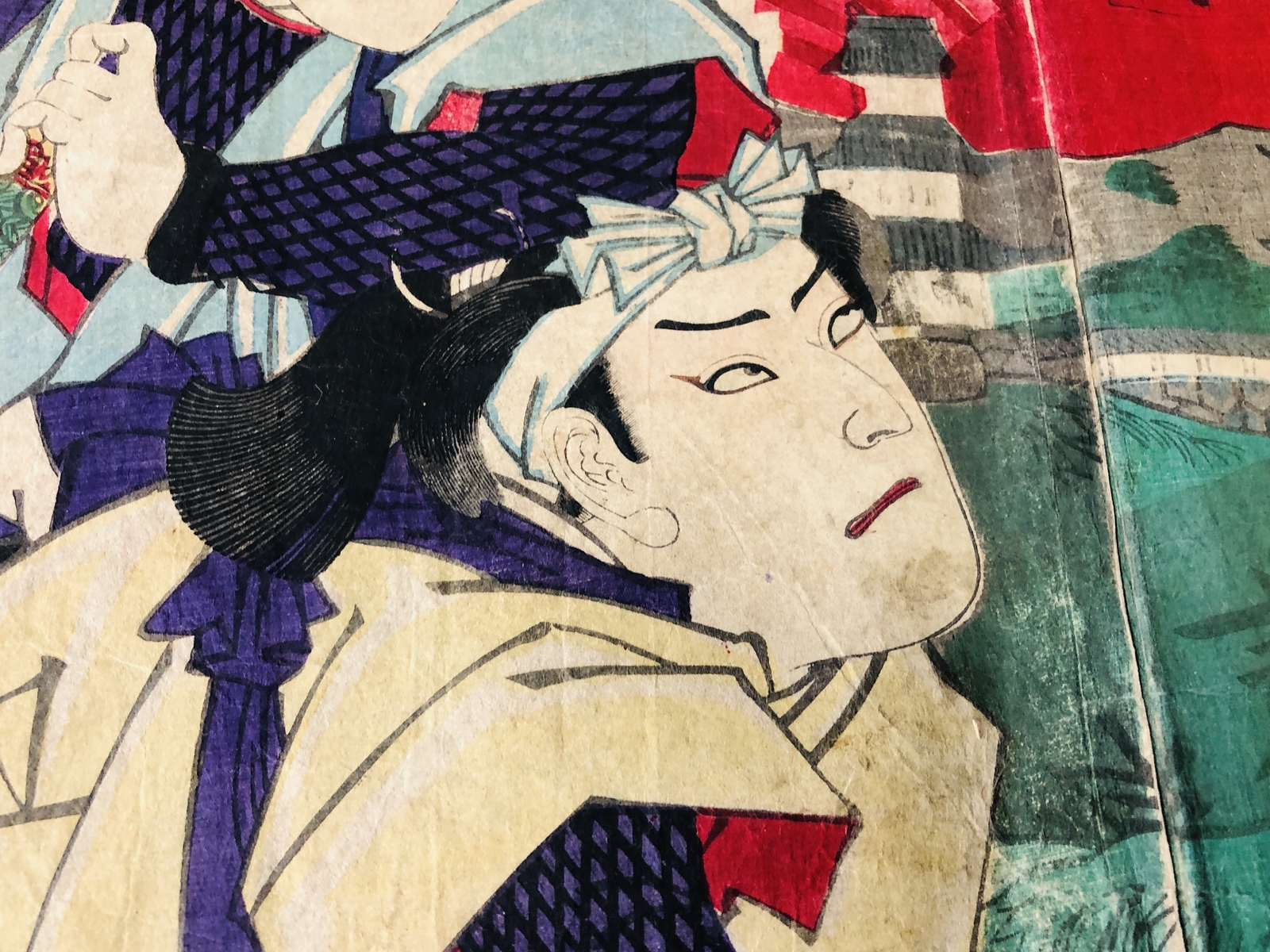 Y7150 WOODBLOCK PRINT Chikanobu triptych Kabuki sunrise Japan Ukiyoe antique art