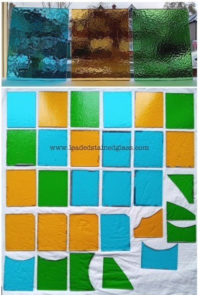 30 coloured glass panes for a leaded stained glass window. A1839d