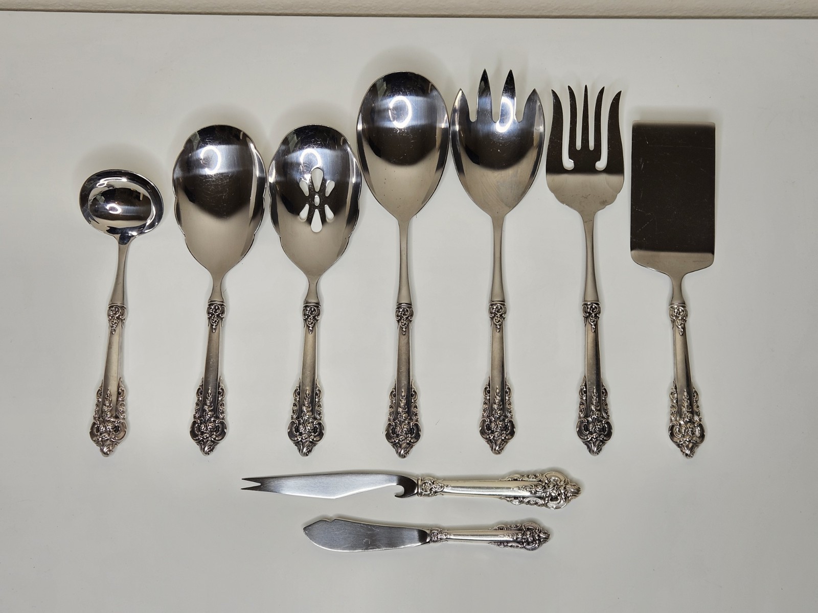 Wallace Grande Baroque 9 Piece Sterling Handle Serving Set Stainless Utensil