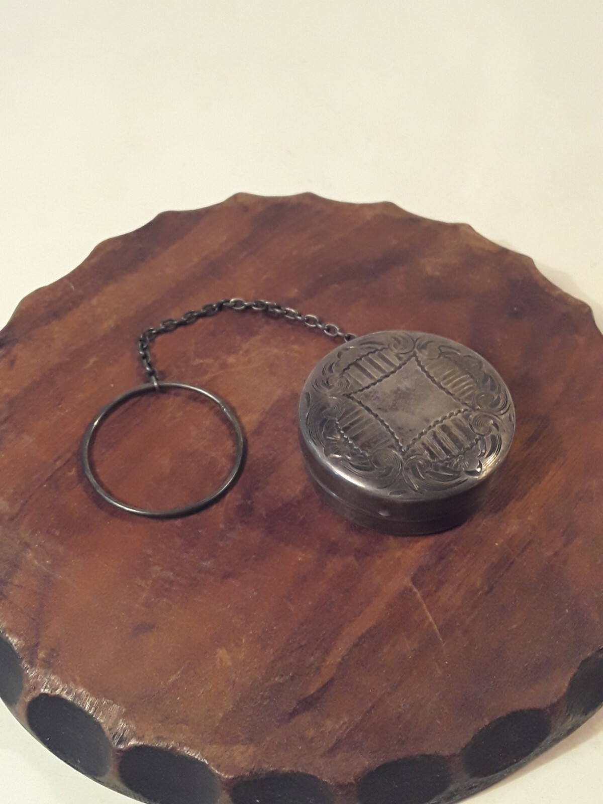 Antique American Victorian Sterling Silver Powder Box w/ Original Safety Chain