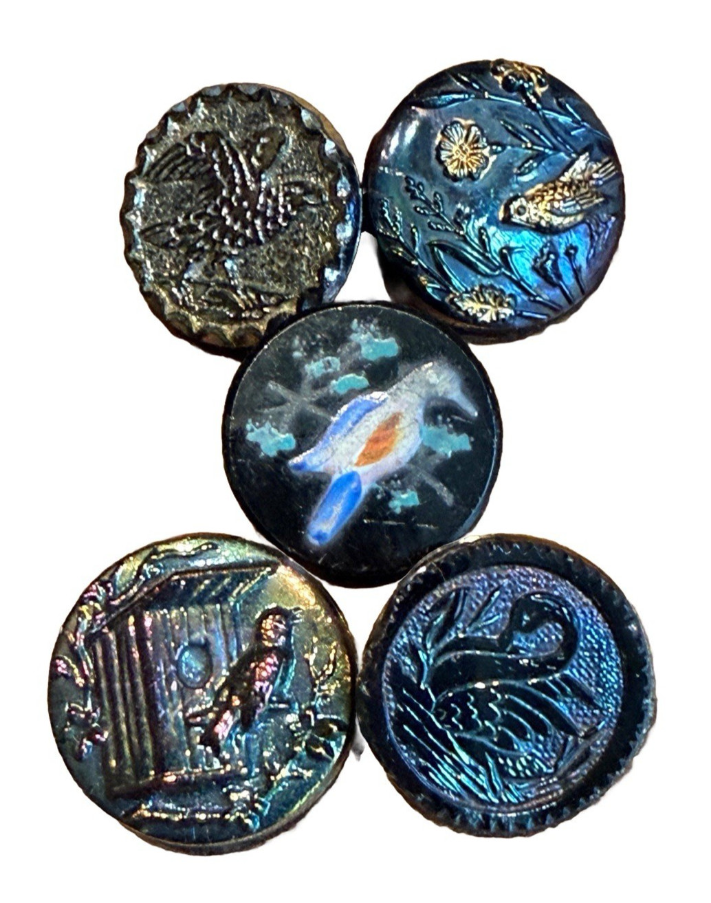 5 Antique Black Glass Buttons ASSORTED BIRDS~IRIDESCENT LUSTER~FREE SHIPPING