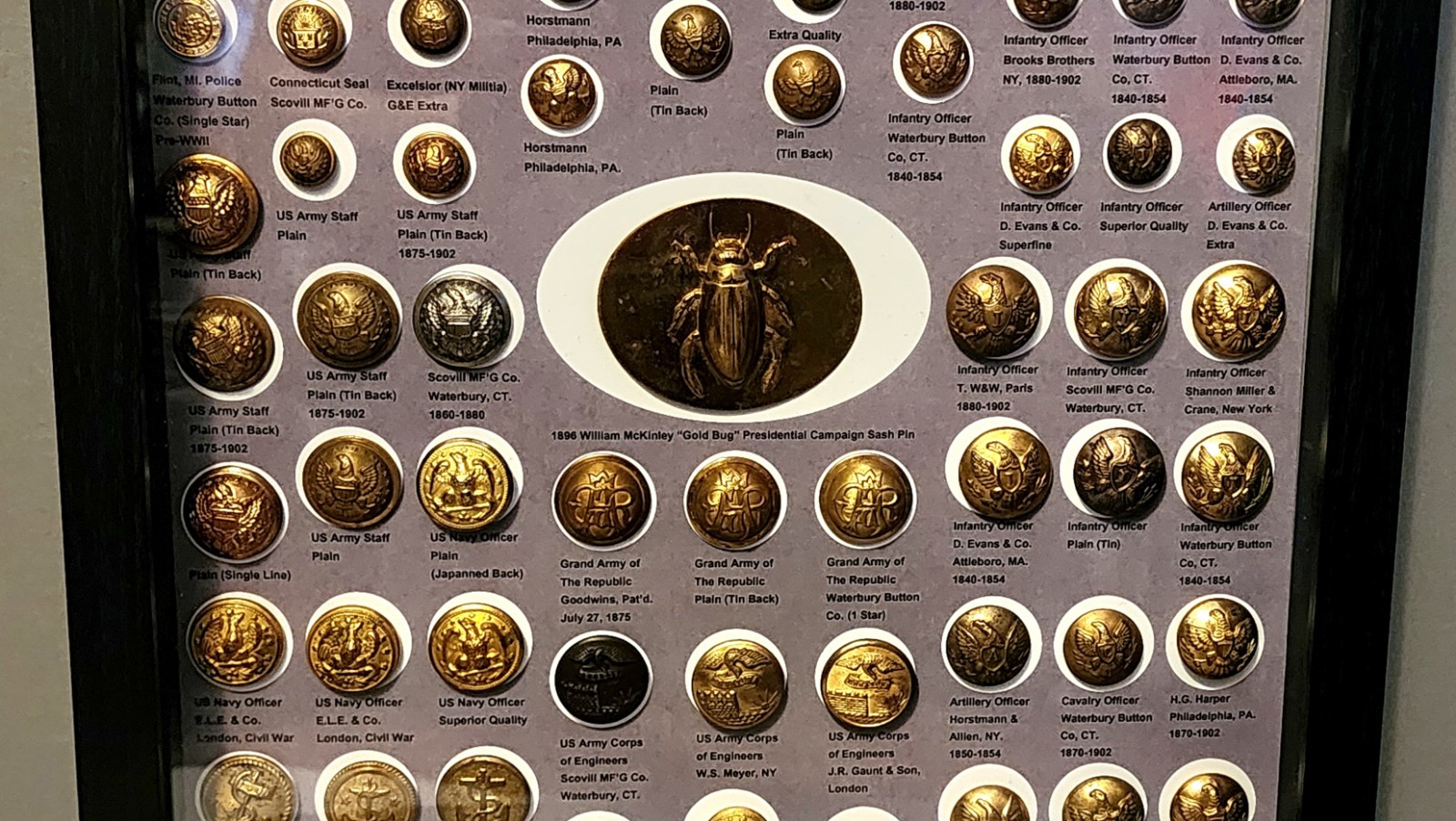 Antique 19thC Victorian Metal American Military Buttons Framed Lot CIVIL WAR