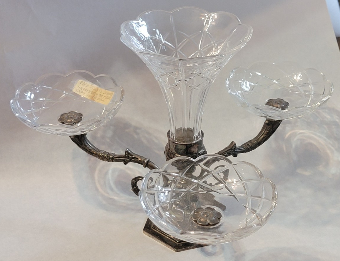 Silverplate Epergne Made Italy Crystal Vase&Bowls Signed Val St Lambert Belgium