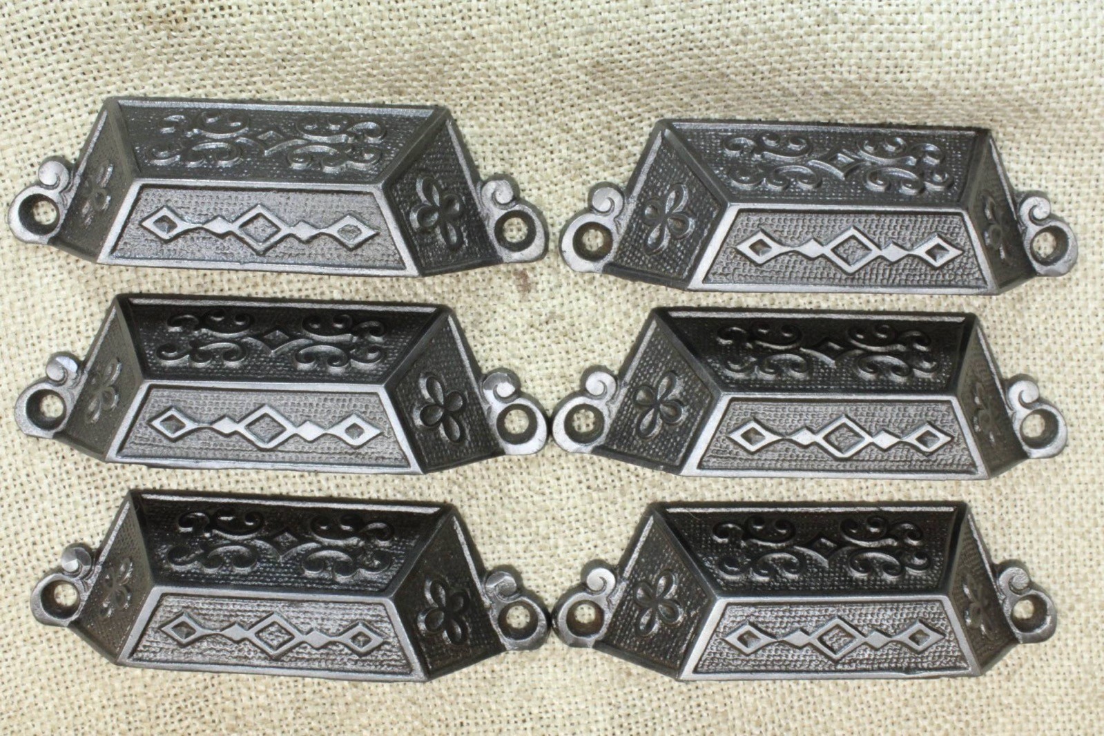 6 Old Bin Drawer Pulls Cup 4 1/2″ Handles Diamond Scroll Vines 1871 Patent Iron