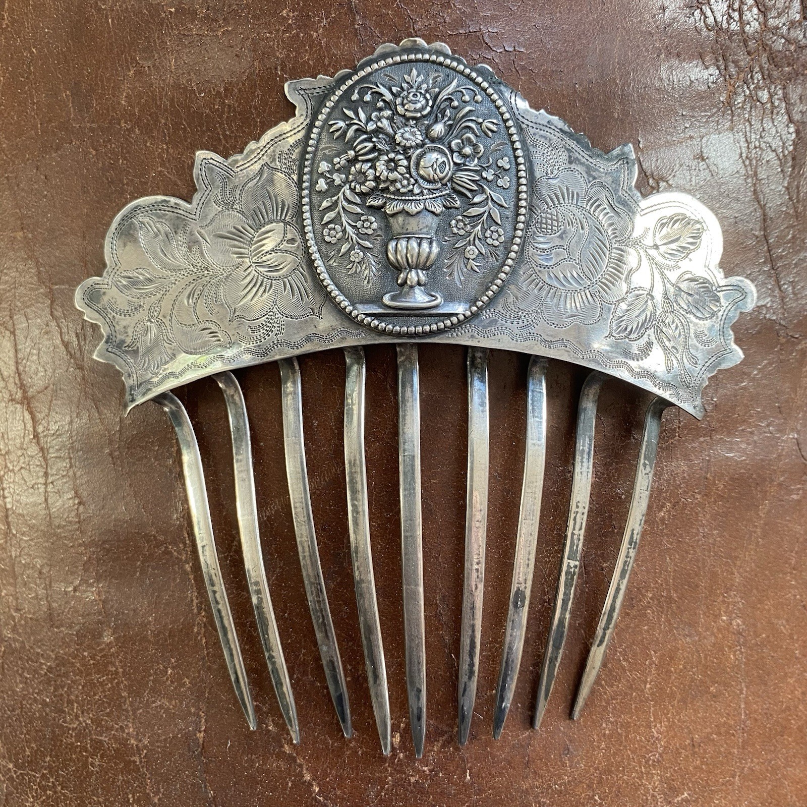 American Early Coin Silver Hair Comb Antique .900 Basket of Flowers Not Sterling