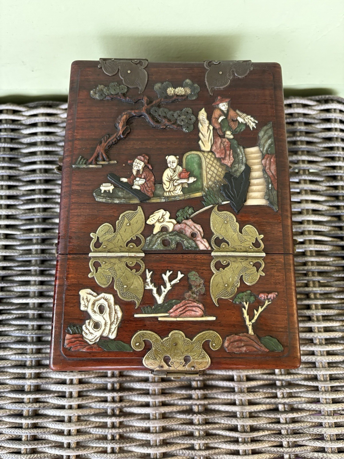 Antique Chinese Hardstone Wood Inlaid Vanity Box Qing Dynasty Inlay