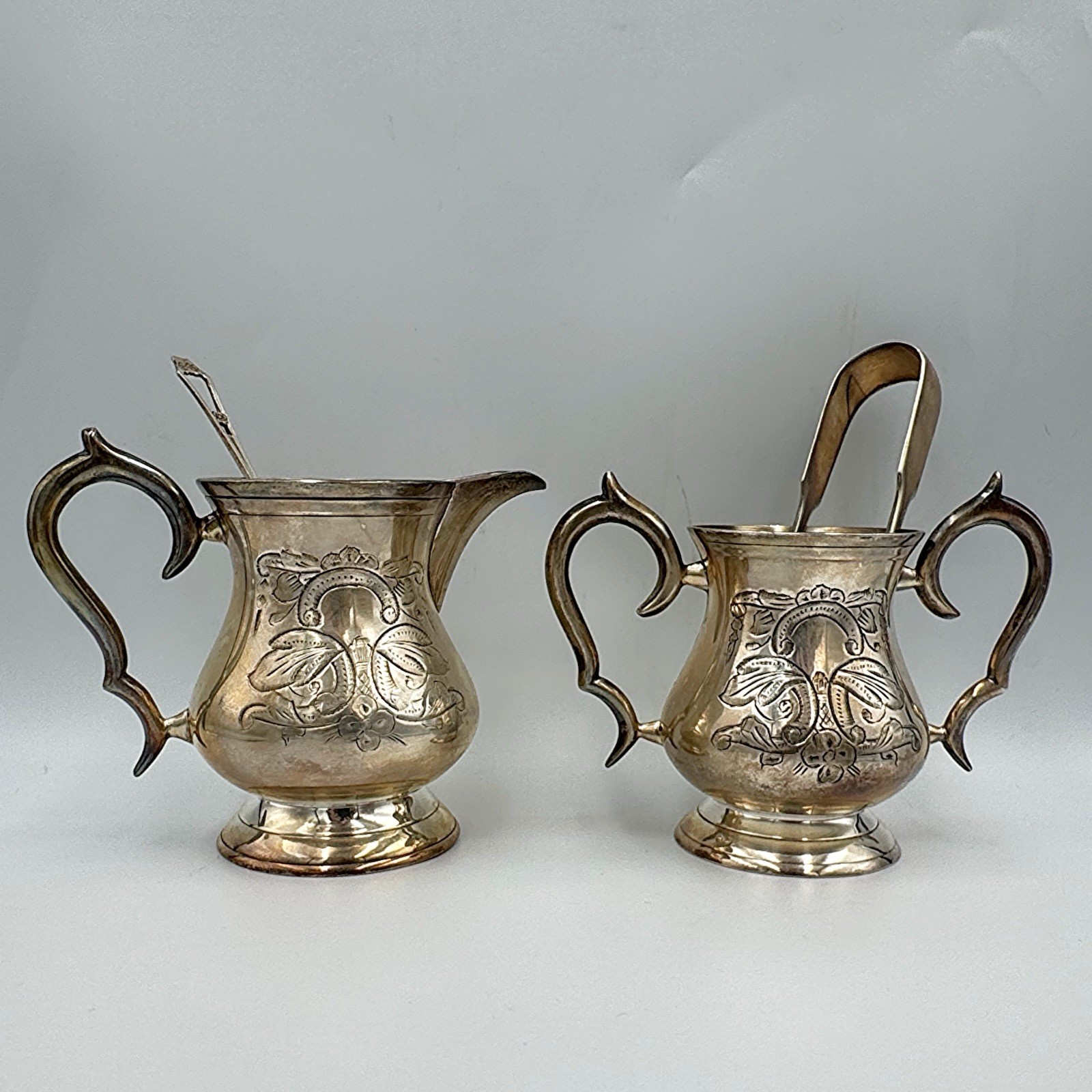 Antique EPNS Silverplate Creamer Sugar Set w Tongs & Butter Knife